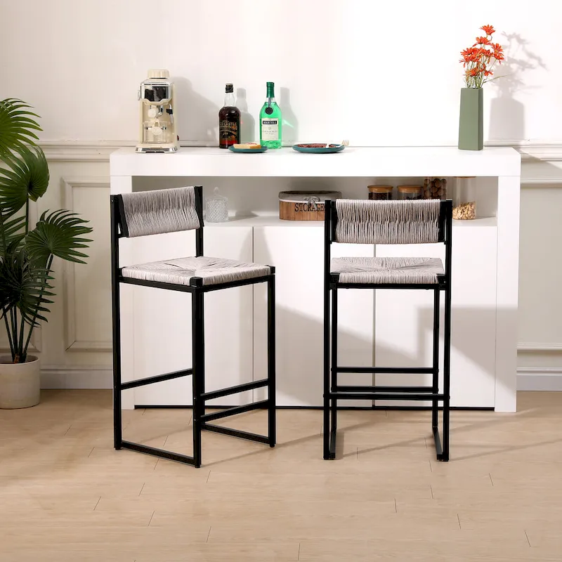 Set of 2 Papetr Rope Woven Dining Chairs, Bar Stools with Footrest