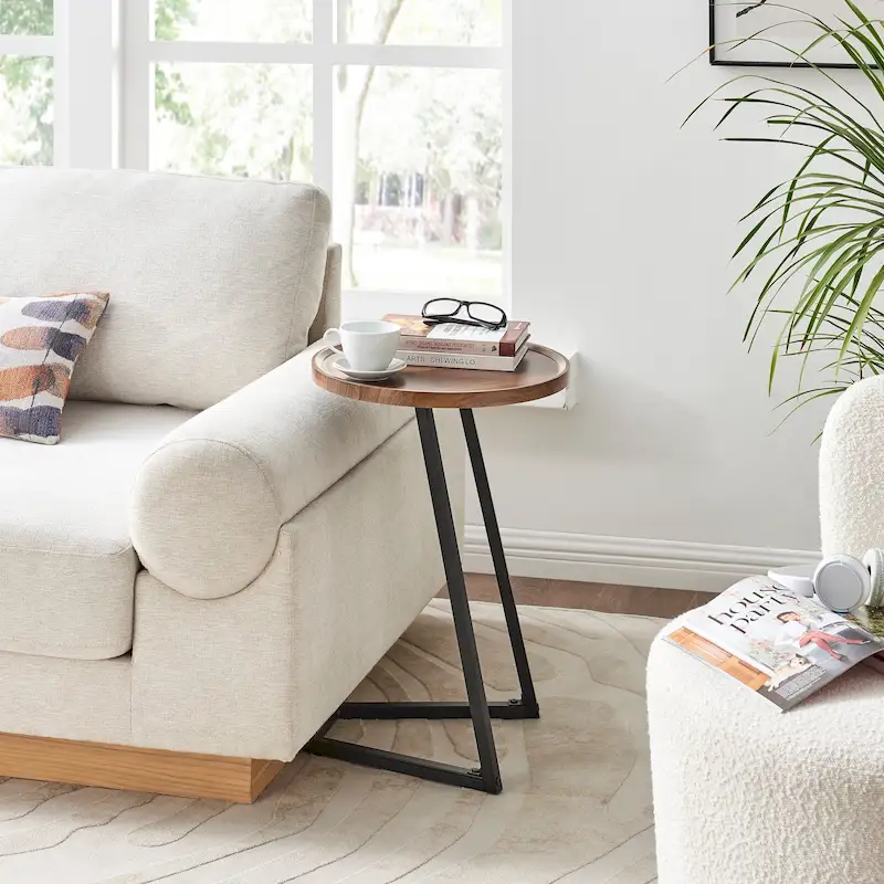 Addison Round Raised Lip Edge Angled Couch-Side Accent C-Table - Black Marble or Brown Walnut
