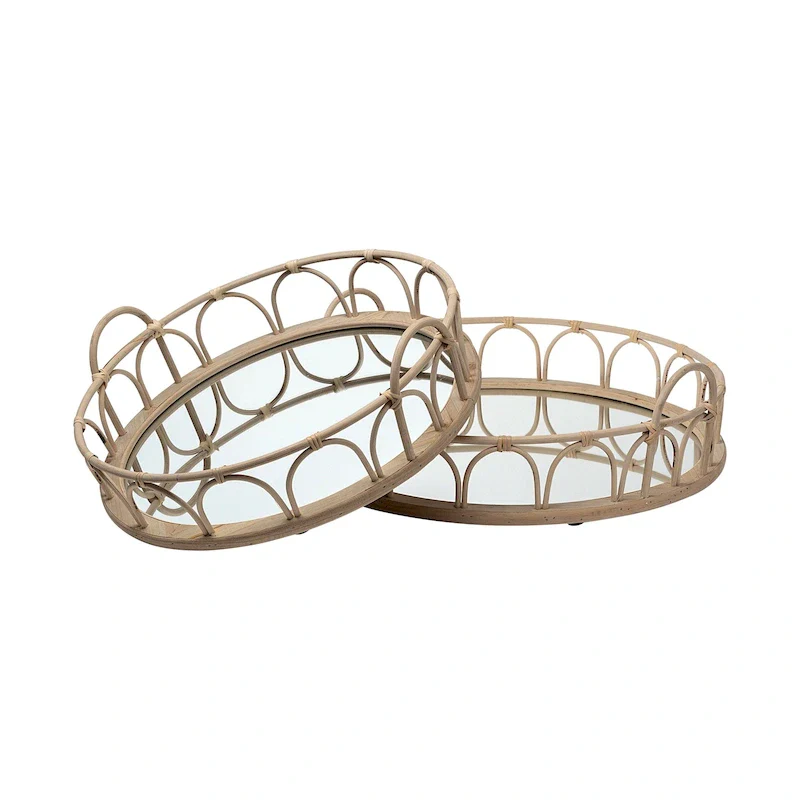 Leona Brown Wicker Mirrored Base Nesting Trays (Set of 2) - 19.3L x 18.9W x 5.7H