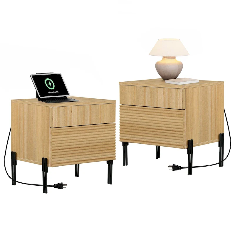 WAMPAT Fluted Nightstand with Charging Station,Modern Side Table with 2 Drawers