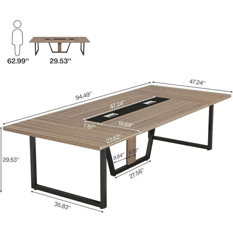 Large Rectangular Conference Table with Cable Management – Brown / Grey, Seats 8–10