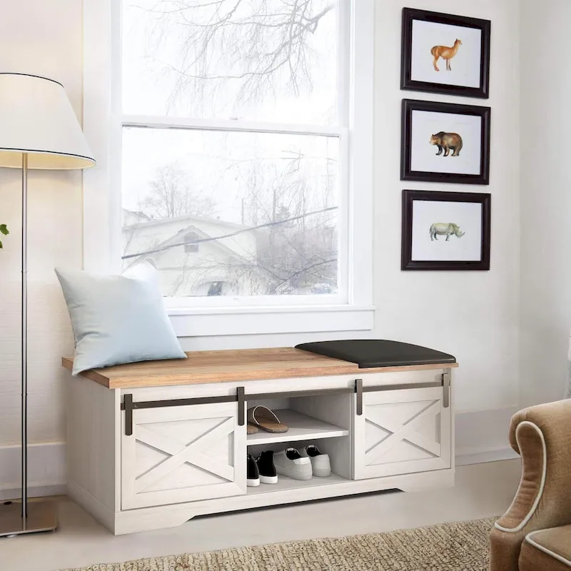 47 Farmhouse Entryway Shoe Bench with Thickened Cushion