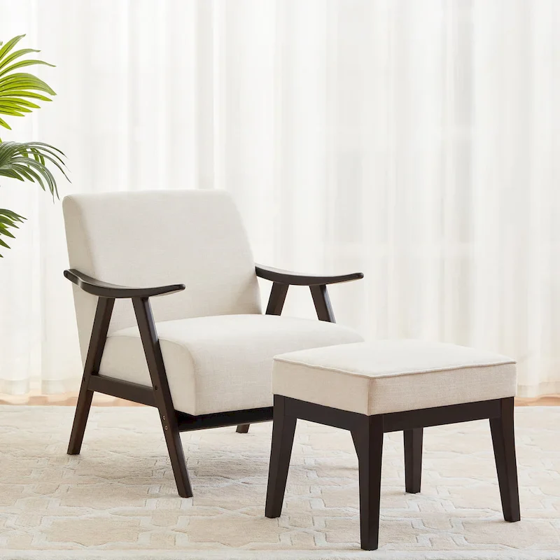 Mid Century 27.7 Upholstered Arm Chair with Solid Wood Frame and Ottoman