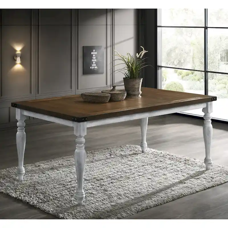 Roundhill Furniture Salines 7 Piece Dining Table Set with 6 Upholstered Chairs, Rustic White and Oak