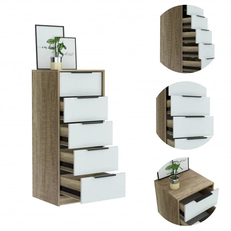Wood Modern 5 Drawer Dresser Chest with Metal Glides and Handles