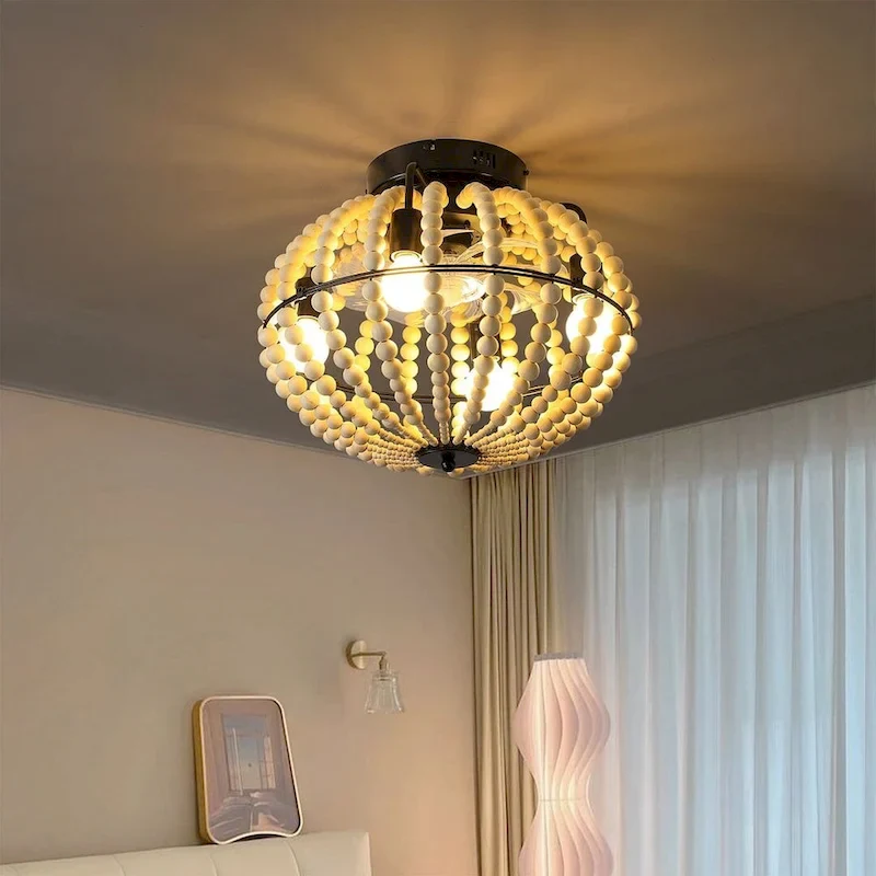 Modern Wooden Beaded Fan Light with Remote, Oak White