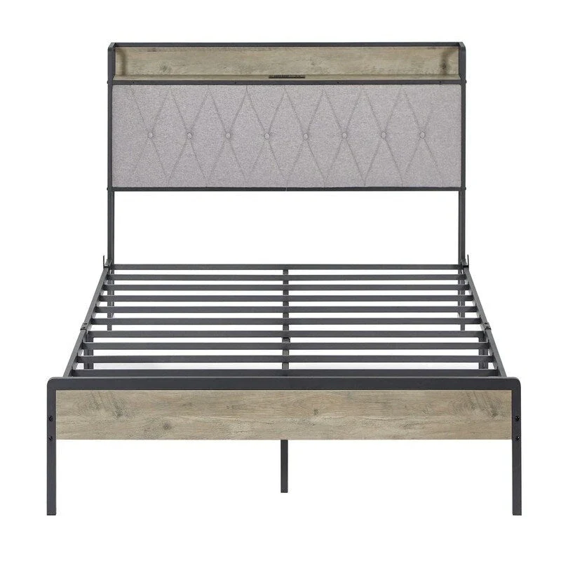 Mieres Queen Size Bed Frame, Platform Bed with Storage Headboard and Charging Station, Non-Slip Without Noise