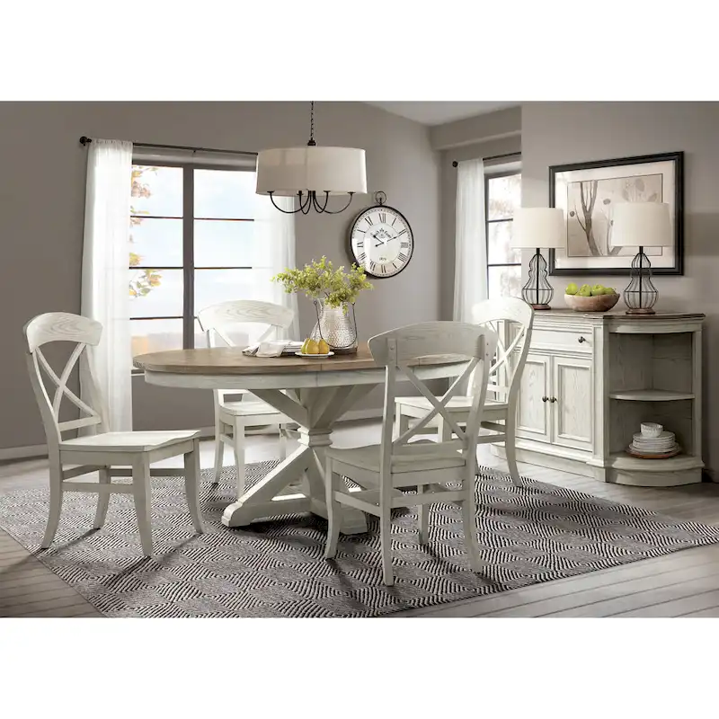 Roundhill Furniture Harola 5-Piece Dining Set, Round Pedestal Dining Table with 18 Leaf, 4 Side Chairs