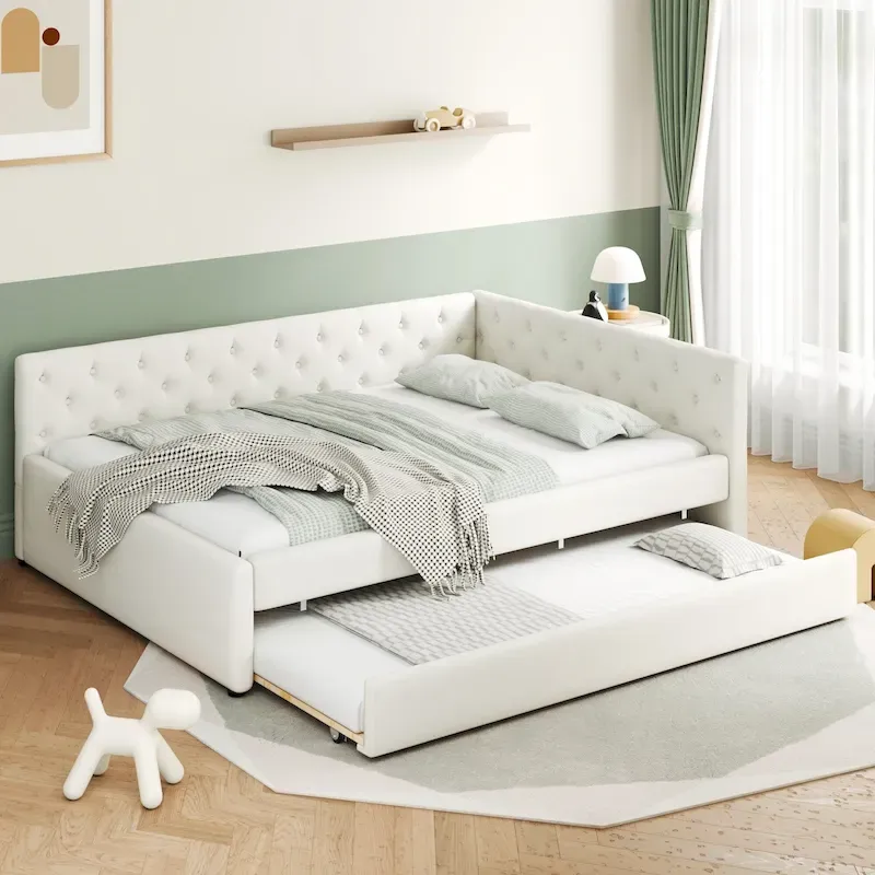 Full XL Solid Wood Platform Bed with Twin XL Trundle, Pine Frame