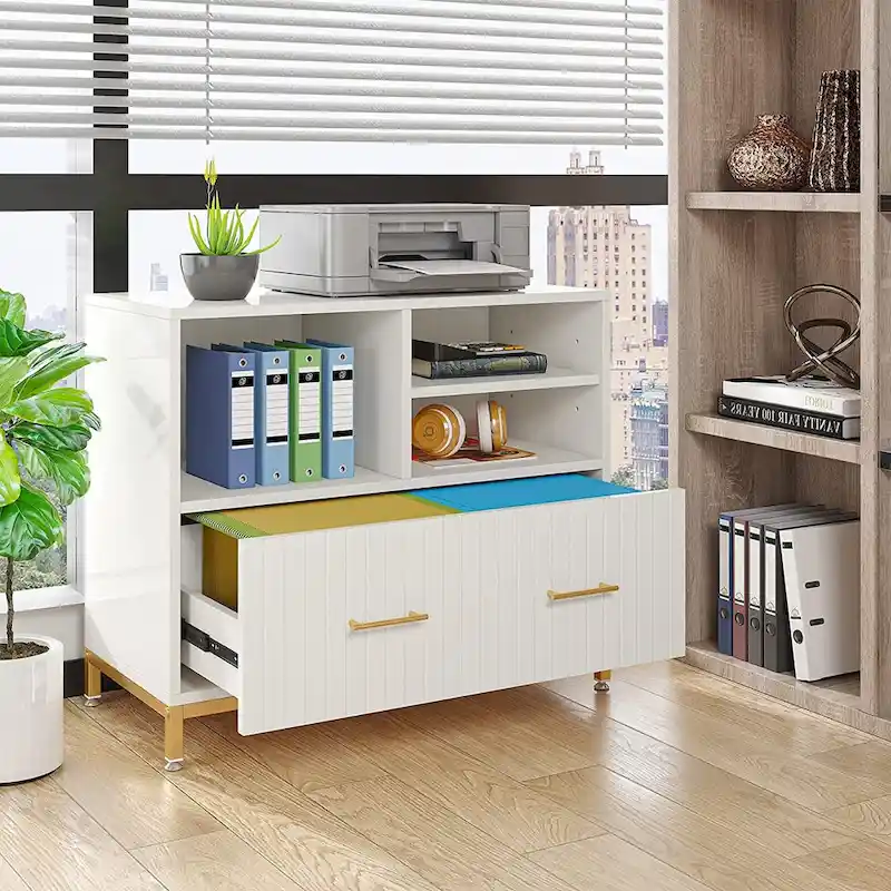 Lateral File Cabinet with Drawer & Open Shelves – White / Brown, Single