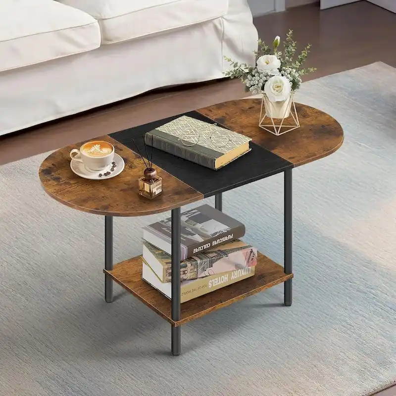 Mid-Century Oval Coffee Table w/2-Tier Storage for Small Spaces