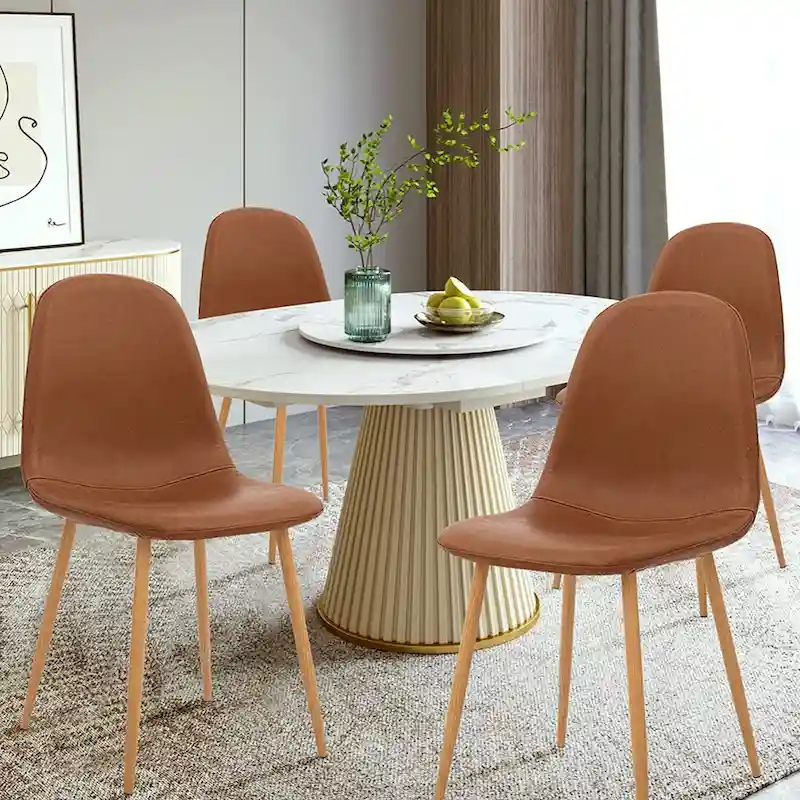 Washable PU Cushion Seat and Metal Legs Side Chair,Set of 4, Brown