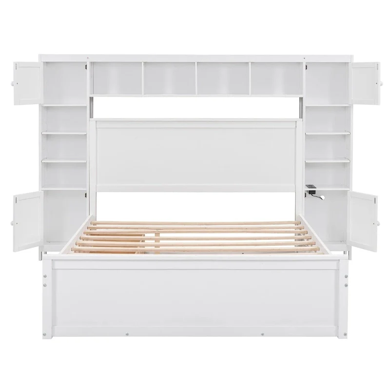 Modern Wooden Bed with Cabinet, Shelf, and Sockets