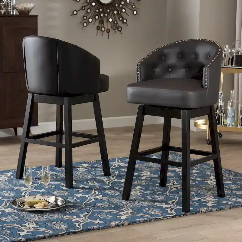 Avril Modern and Contemporary Brown Faux Leather Tufted Swivel Barstool with Nail heads Trim (Set of 2)