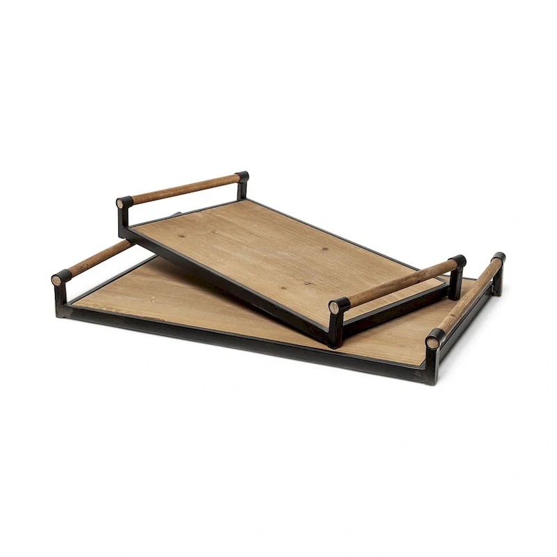 Benson Brown Wood w/Black Metal Trays (Set of 2) - 26 W x 16 D x 3 H