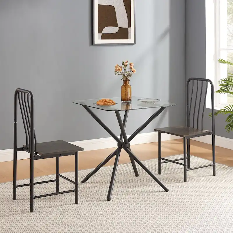 Dining Set for 2 Square Glass Tempered Dining Table and 2 Metal Chair - Chair:13.9 L * 15.3 W * 35.6 H