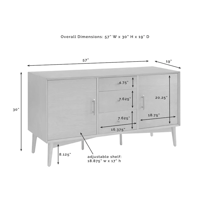 White Mid-Century Modern Sideboard with 2 Cabinets, 3 Drawers & Tapered Legs