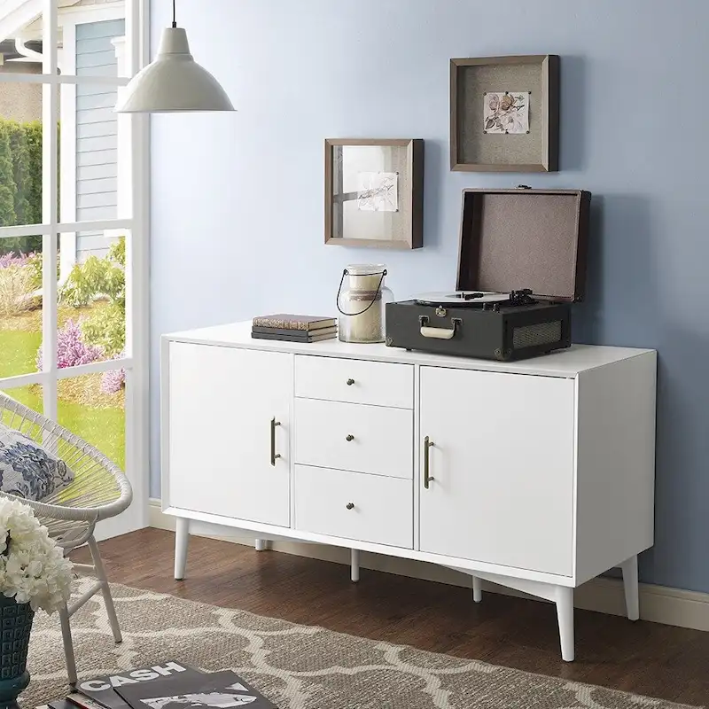 White Mid-Century Modern Sideboard with 2 Cabinets, 3 Drawers & Tapered Legs