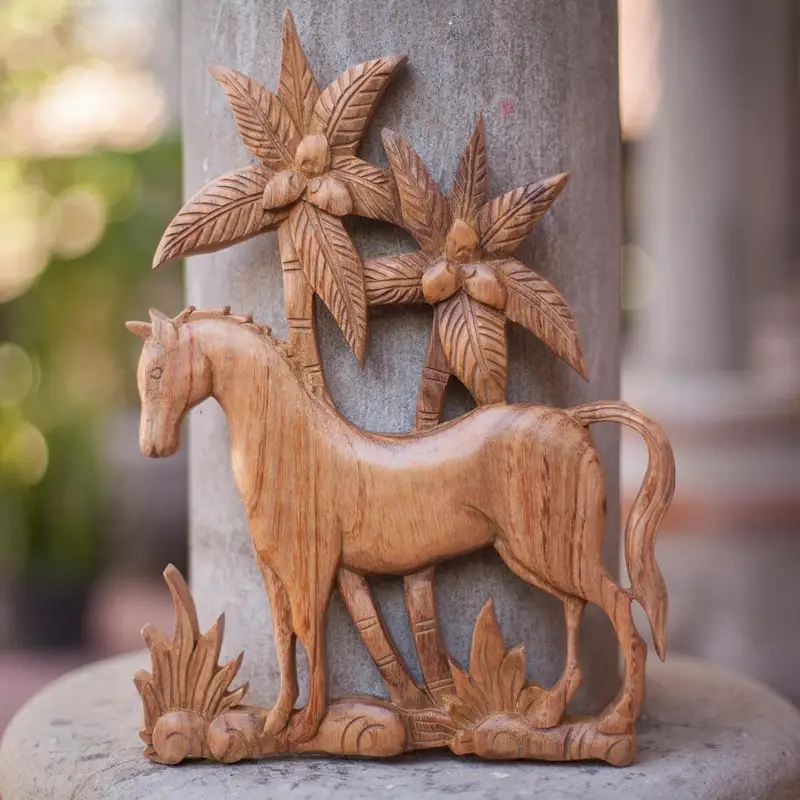 Novica Handmade Sumba Pony Wood Relief Panel
