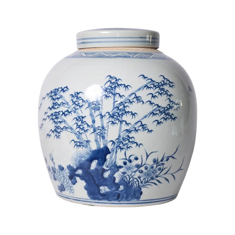 Blue & White Four Season Plants Ming Melon Jar - 12x12x13