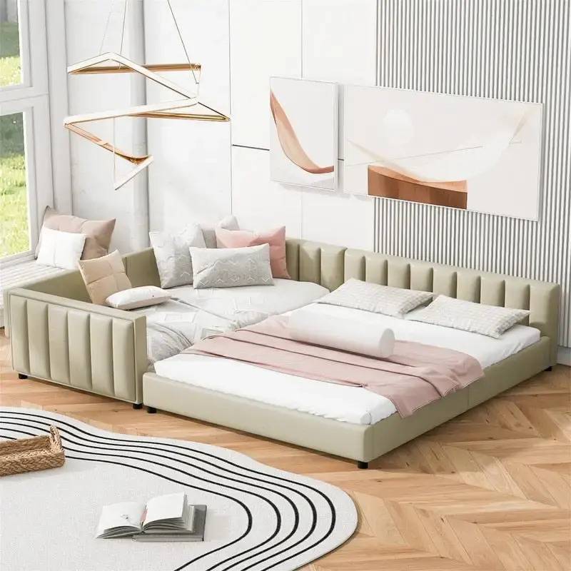 Double Upholstered Platform Bed Queen Size & Twin XL Size, PU Leather Mother & Child Bed Floor Bed Daybed for Bedroom