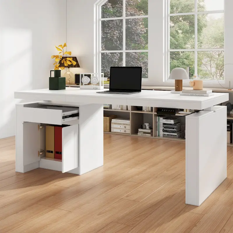 White Electric Height-Adjustable Desk with Side Storage Cabinet – Single User