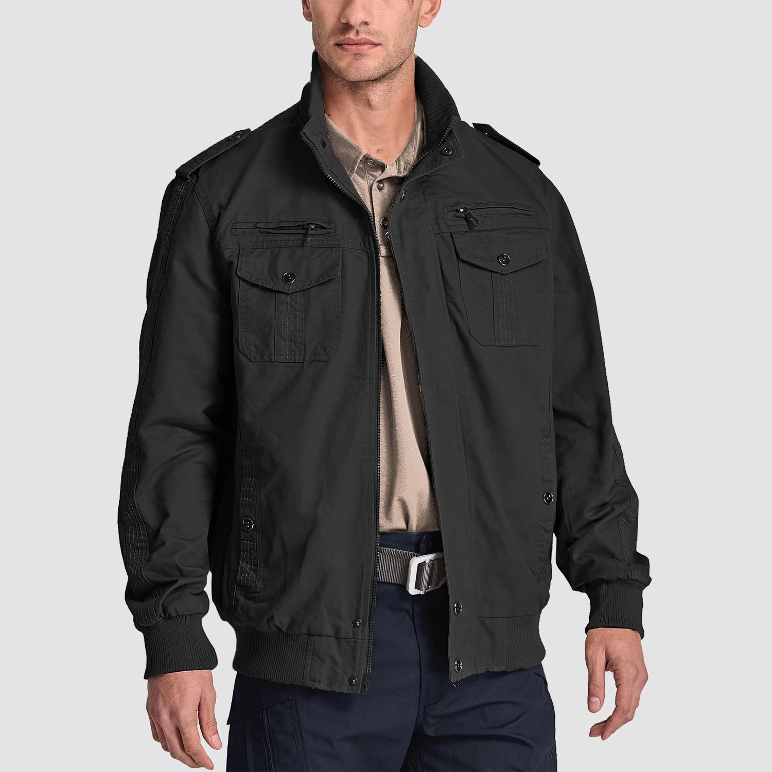 Men's Casual Jacket Lightweight Tactical Cargo Jackets Stand Collar Combat Jacket