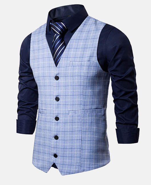 Fashion Plaid V Neck Single Breasted Slim Fit Blazer Vest