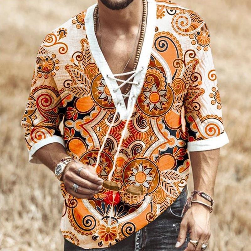 Casual Tribal Print Lace Up V Neck Half Sleeve Loose Shirt