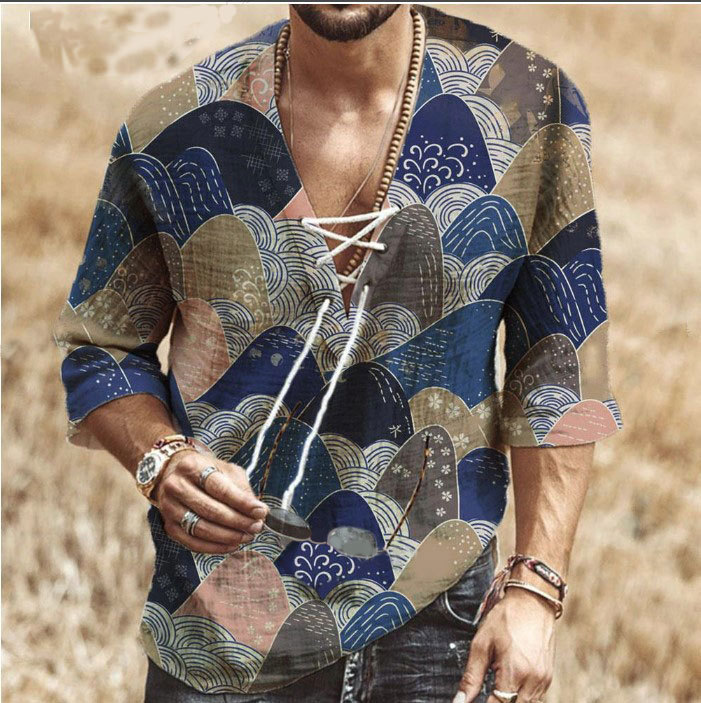 Casual Tribal Print Lace Up V Neck Half Sleeve Loose Shirt