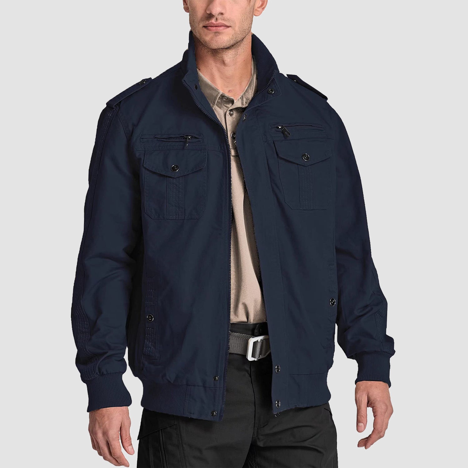 Men's Casual Jacket Lightweight Tactical Cargo Jackets Stand Collar Combat Jacket