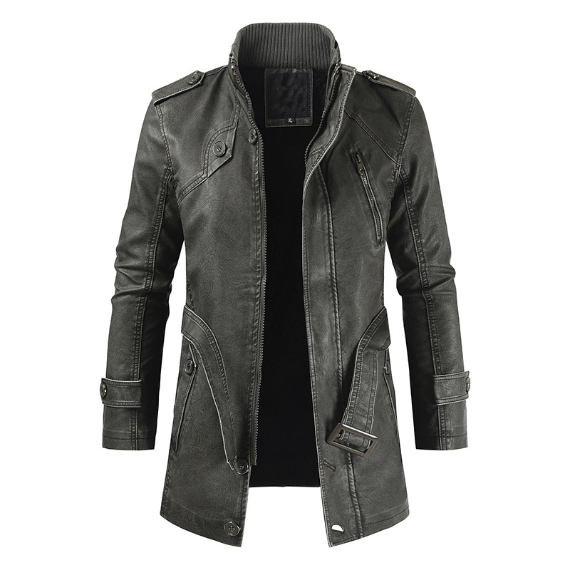 2020 Autumn And Winter New Men's Mid-length Casual Fashion PU Leather Jacket Stand-collar Slim Youth Windbreaker