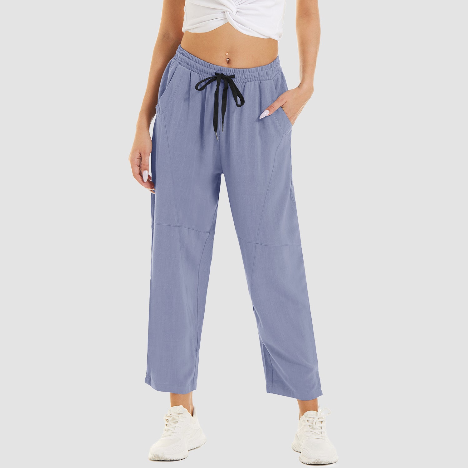 Women's Cotton Linen Pants High Waisted Summer Casual Pants Drawstring with 4 Pockets