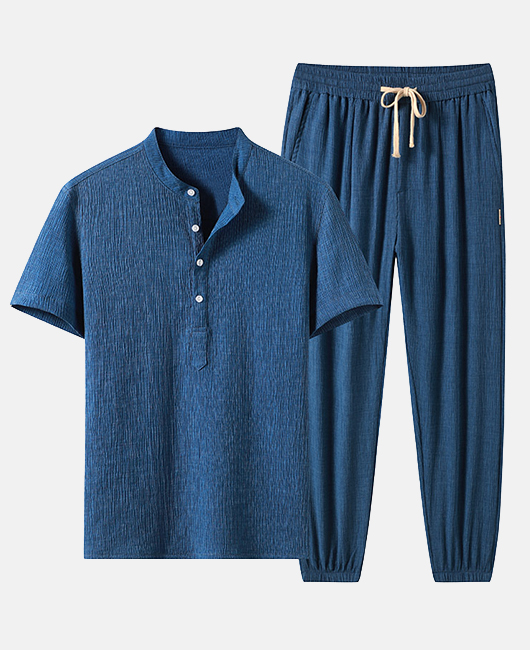 Casual Plain Ice Silk Half Placket Wrinkled Shirt & Pants 2Pcs Set