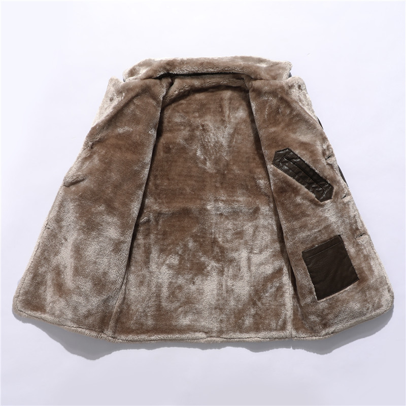 Men's Faux Leather Jacket Thick Faux Fur Shearling Lapel Collar Botton Down Long Trench Coats