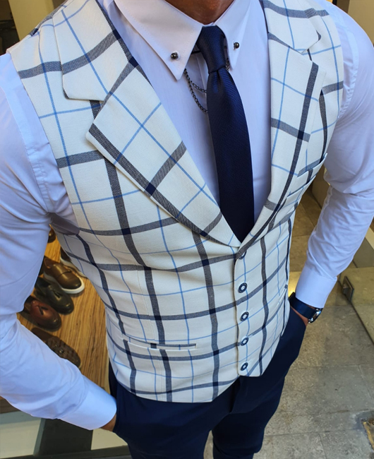 OK Elegant Plaid Print Lapel Collar Single Breasted Blazer Vest