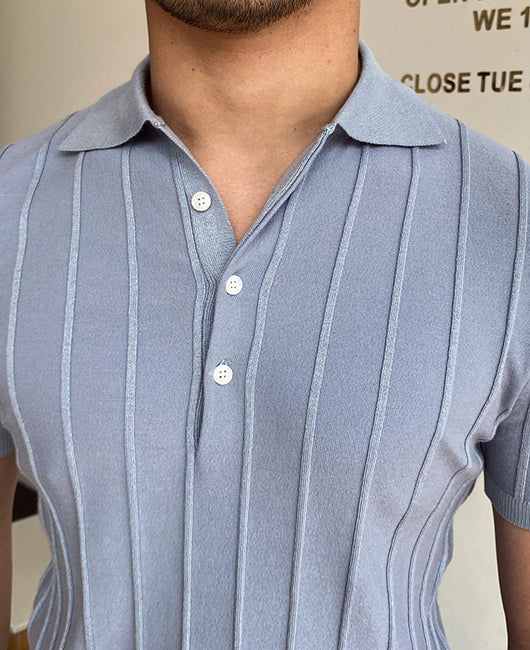 Striped Half Button Solid Knit Polo Shirt