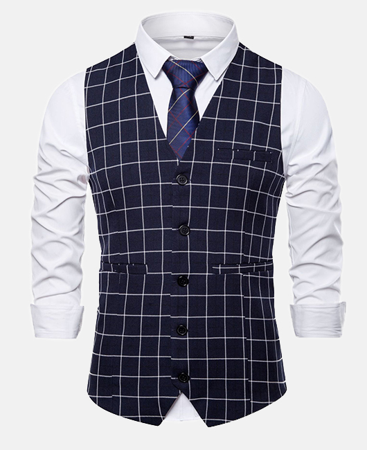 Fashion Plaid V Neck Single Breasted Slim Fit Blazer Vest