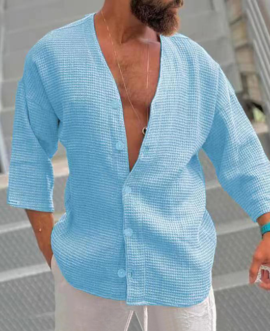 Casual Plain Waffle V-Neck 3/4 Sleeve Loose Button Shirt