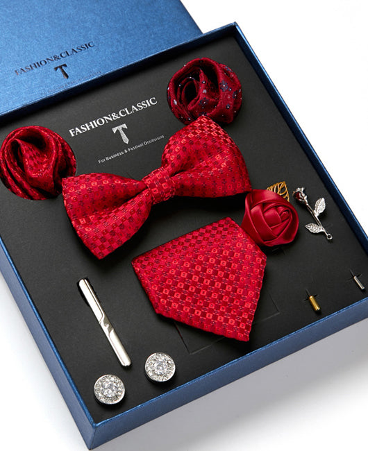 Business Allover Print Tie & Scarves & Cufflinks & Bow Tie & Brooch & Tie Clip 8Ps Set