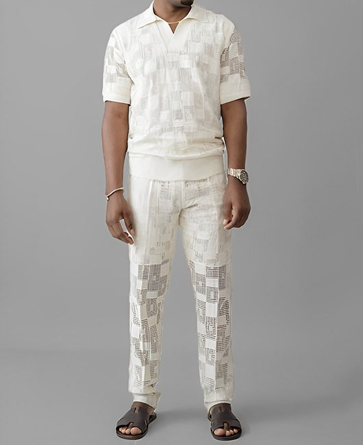 OK Casual Plain Hollow Breathable Polo Shirt & Pants 2Pcs Set