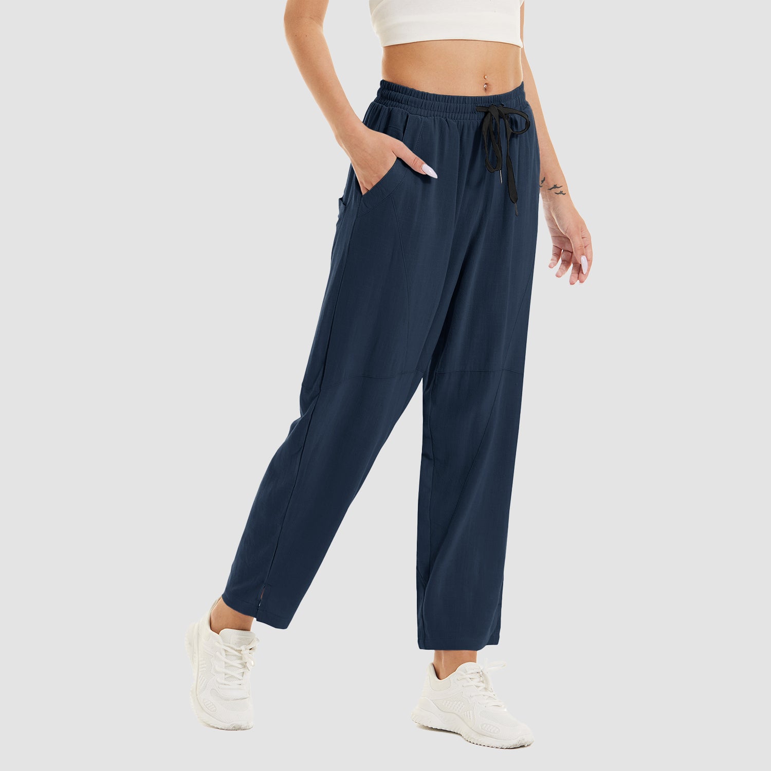 Women's Cotton Linen Pants High Waisted Summer Casual Pants Drawstring with 4 Pockets