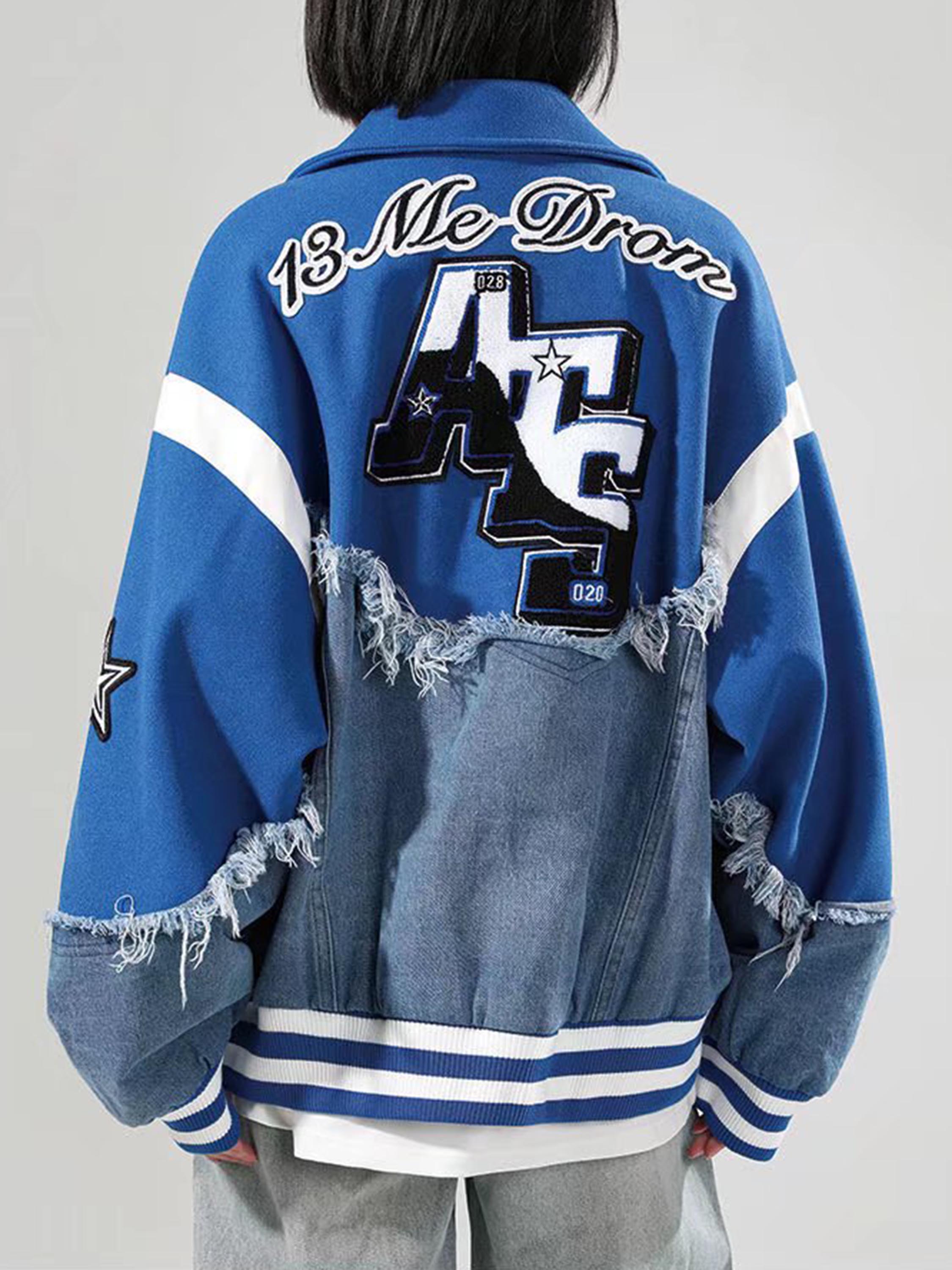 The Vimiaparty American High Street Denim Fabric Splicing Baseball Couple Jacket