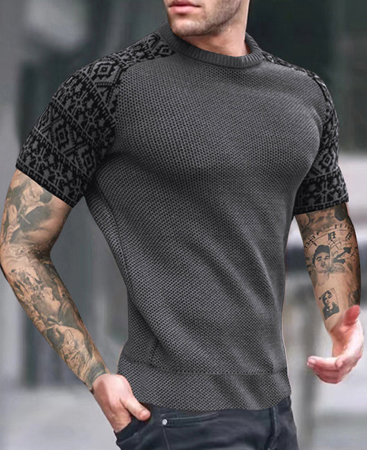 Casual Plain Waffle Spliced Geo Cuffs Round Neckline Polo Shirt