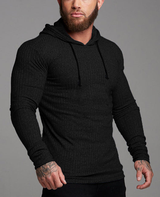 Men Solid Drawstring Rib-Knit Hoodie