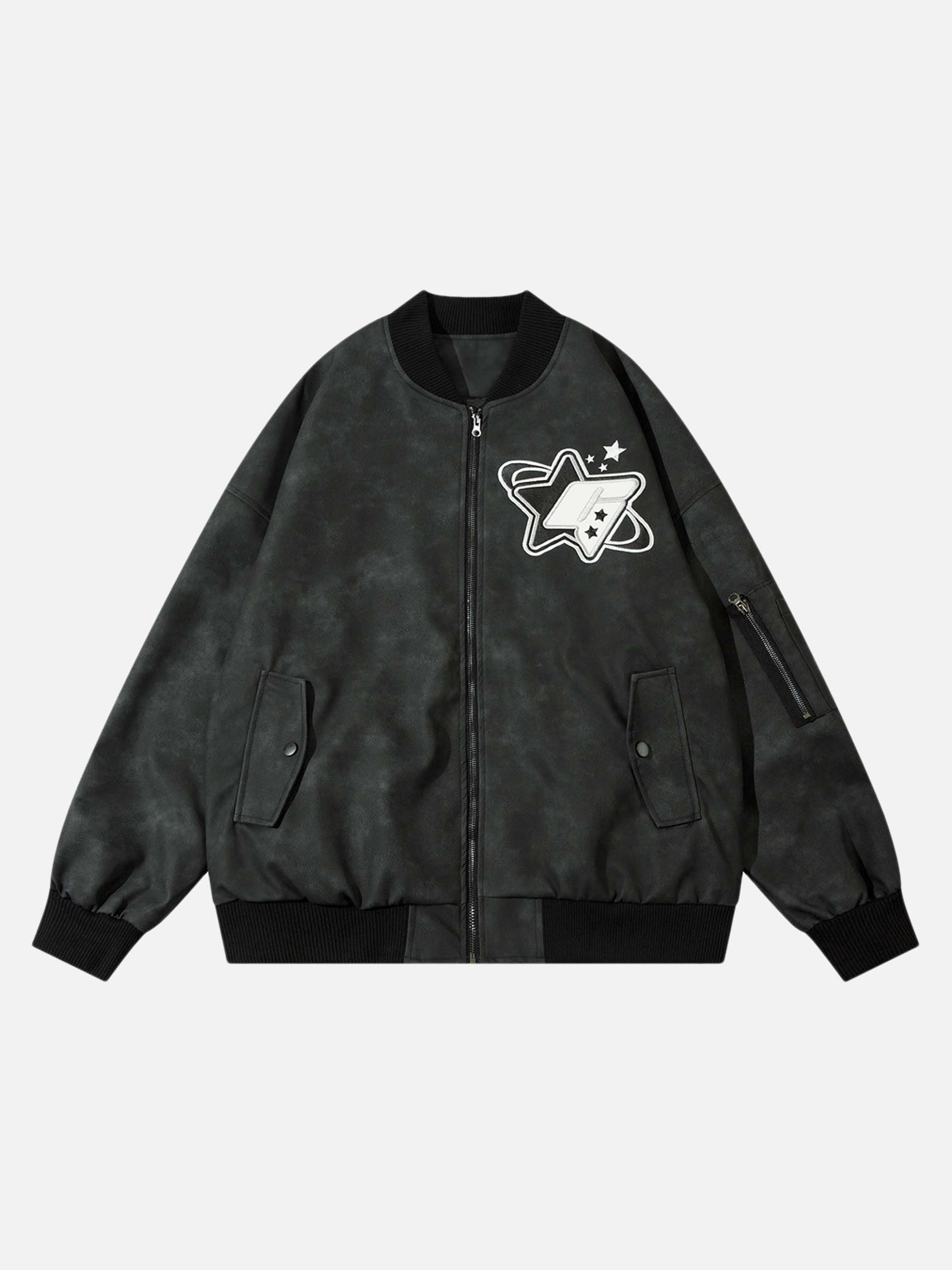 The Vimiaparty American Street Tide Patch Leather Embroidered Monogram Baseball Jacket