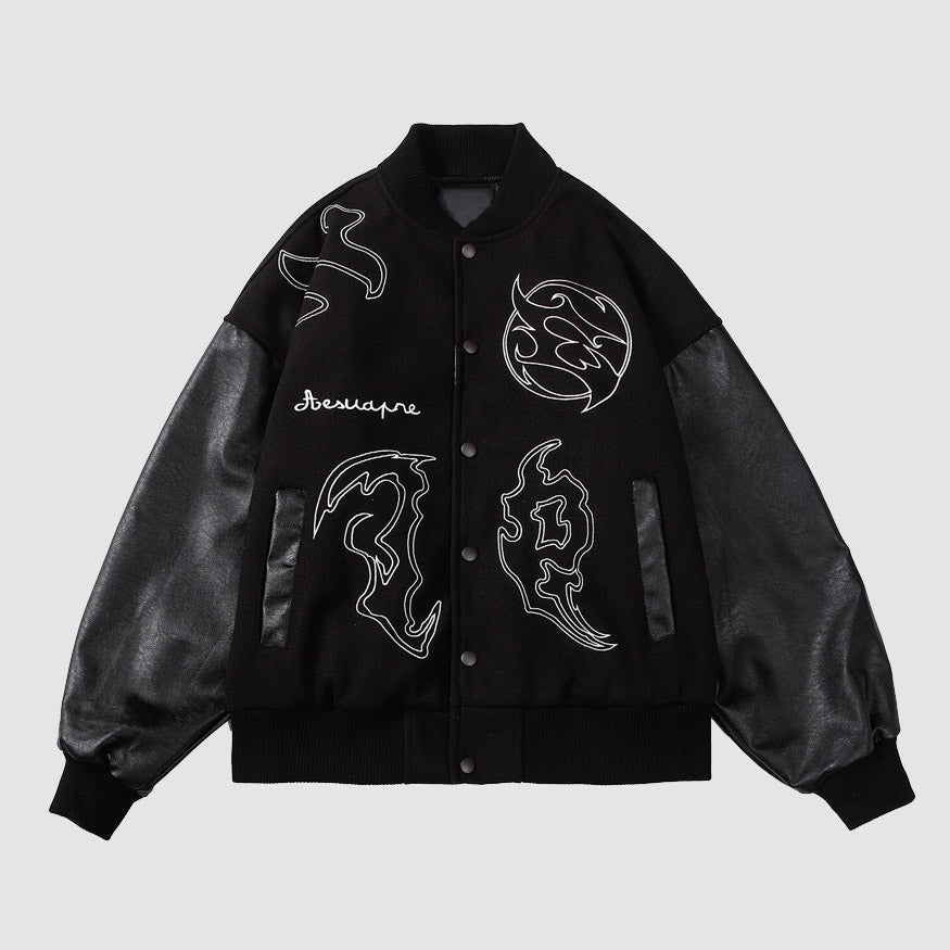 The Vimiaparty Symbol Embroidery PU Leather Stitching Jacket