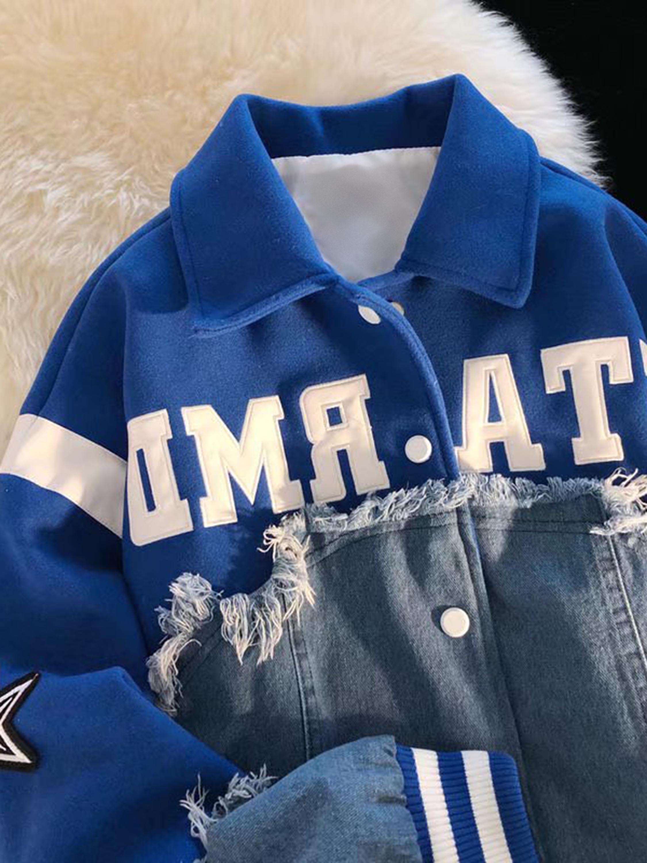 The Vimiaparty American High Street Denim Fabric Splicing Baseball Couple Jacket