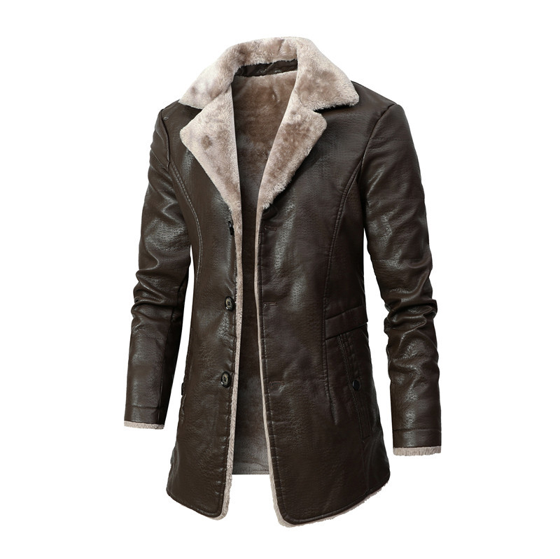 Men's Faux Leather Jacket Thick Faux Fur Shearling Lapel Collar Botton Down Long Trench Coats