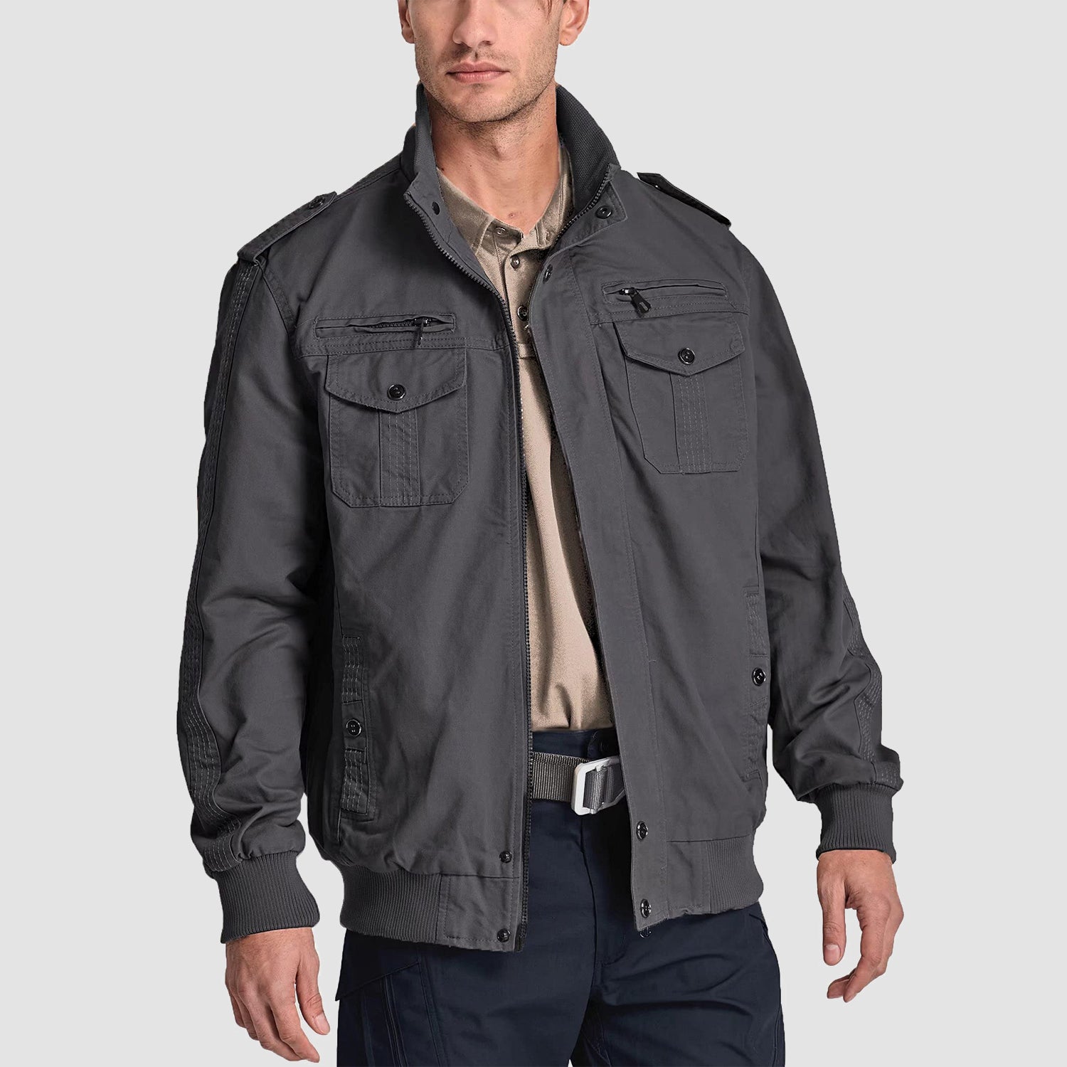 Men's Casual Jacket Lightweight Tactical Cargo Jackets Stand Collar Combat Jacket